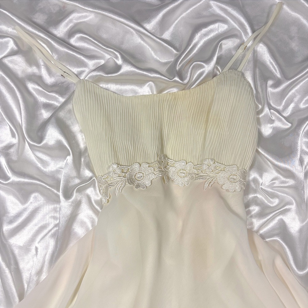 y2k Babydoll Chemise Cream Good Flora Pleated Lace Chiffon Slip Dress XL